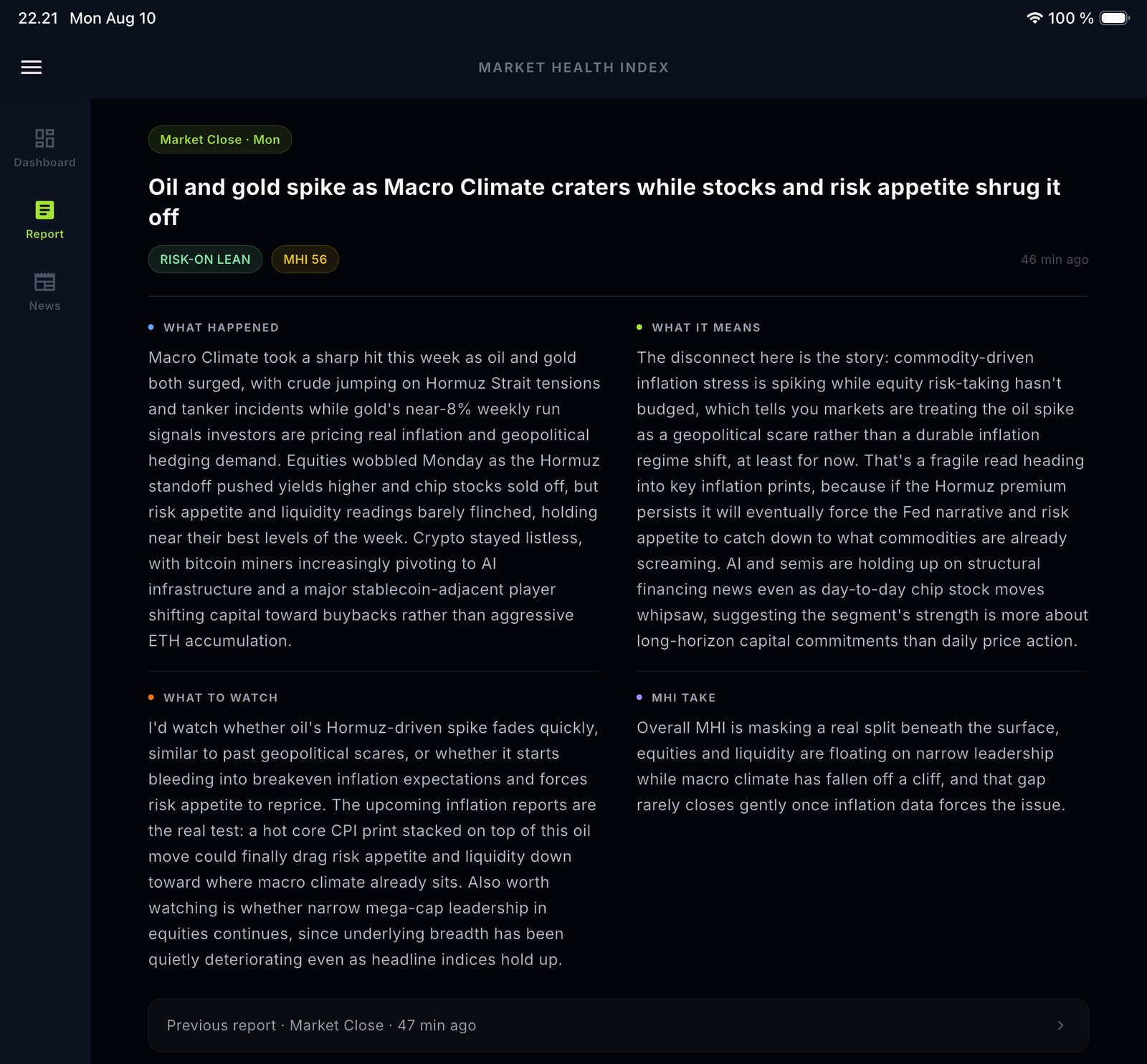 iPad AI report with a two-column layout